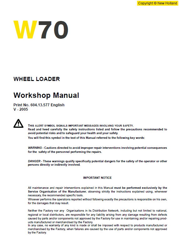 New Holland W80 Wheeled Loader Service Manual