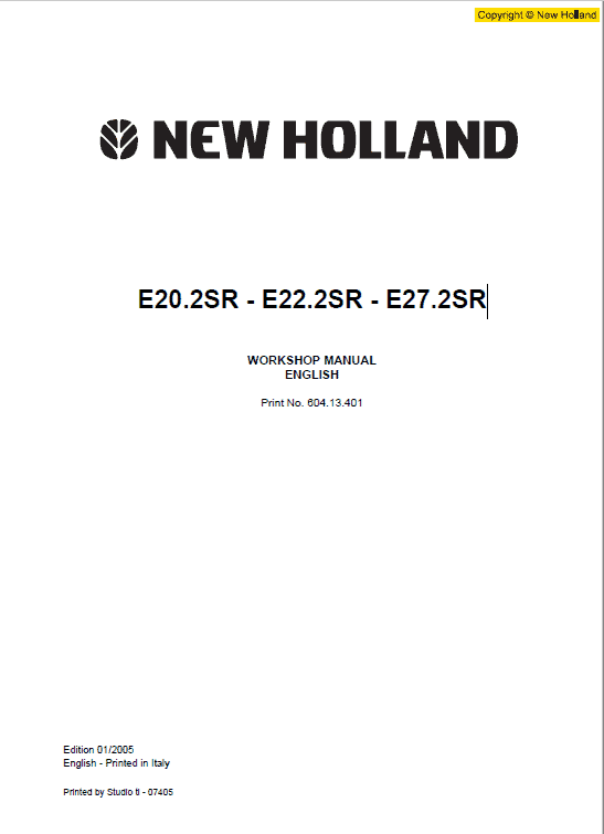 New Holland E20.2sr, E22.2sr And E27.2sr Mini Excavator Manual