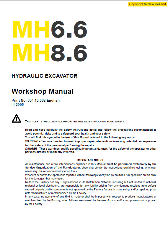 New Holland Mh6.6 And Mh8.6 Excavator Manual