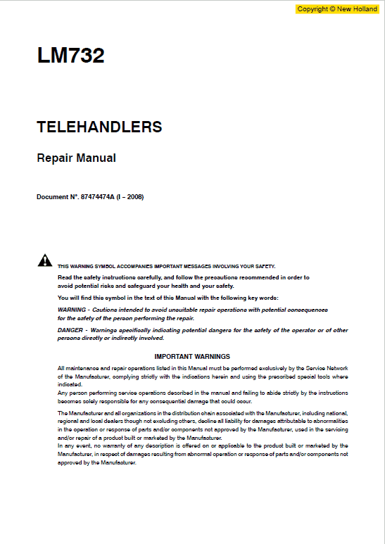 New Holland Lm732 Telehandlers Service Manual