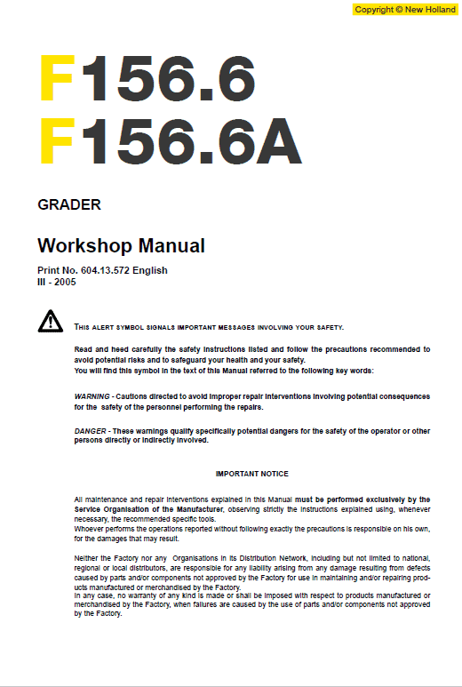 New Holland F156.6 And F156.6a Grader Service Manual