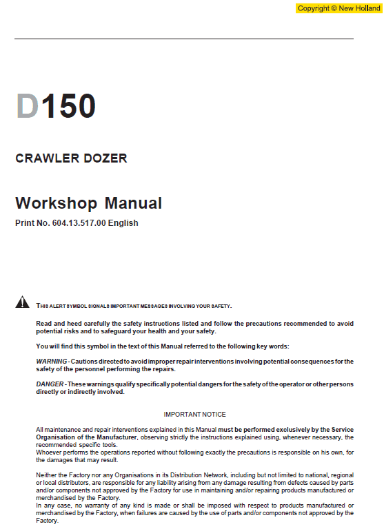 New Holland D150 Bulldozer Dozer Service Manual