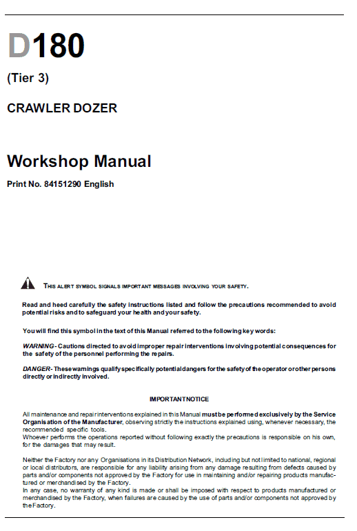 New Holland D180 Tier 2 & Tier 3 Crawler Dozer Service Manual