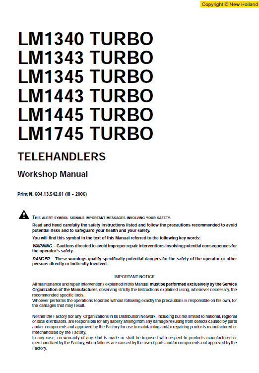 New Holland Lm1340, Lm1342 And Lm1345 Telehandlers Manual