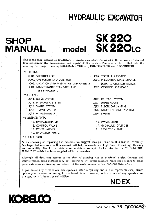 Kobelco Sk220 And Sk220lc Excavator Service Manual