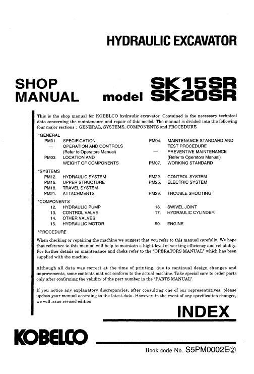 Kobelco Sk15sr And Sk20sr Excavator Service Manual