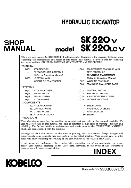 Kobelco Sk220-v And Sk220lc-v Excavator Service Manual