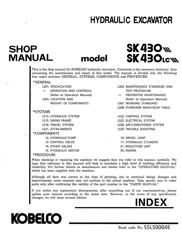 Kobelco Sk430 And Sk430lc Excavator Service Manual