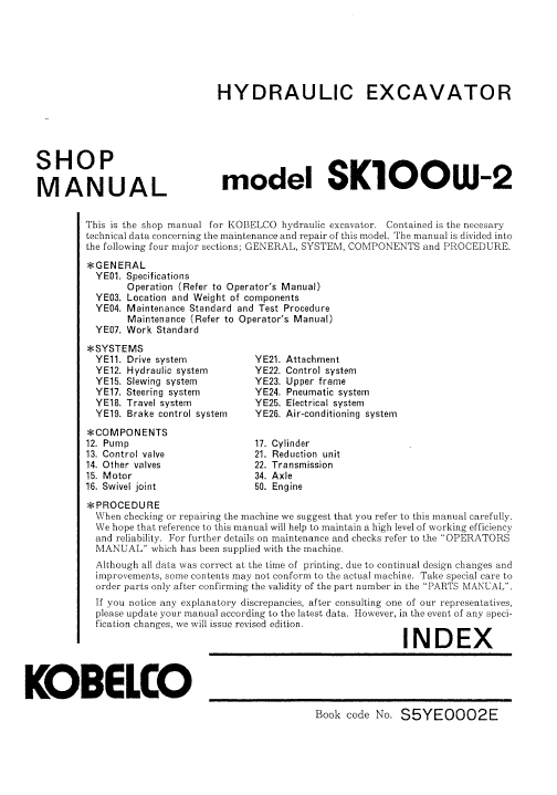 Kobelco Sk100w-2 Excavator Service Manual