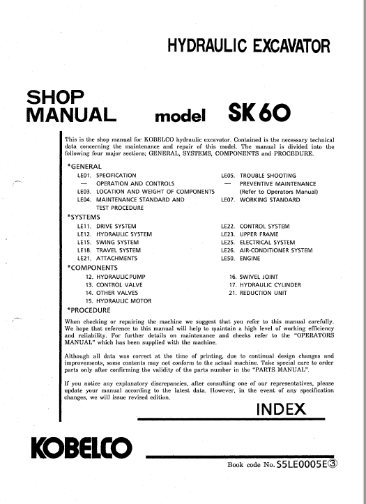 Kobelco Sk60 Excavator Service Manual