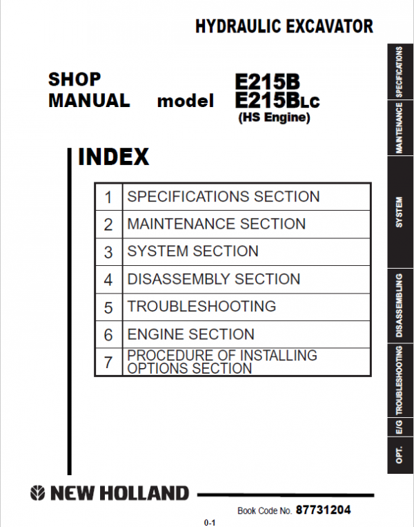 New Holland E215b Excavator Service Manual