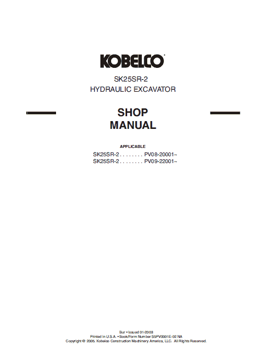 Kobelco Sk25sr-2 Excavator Service Manual