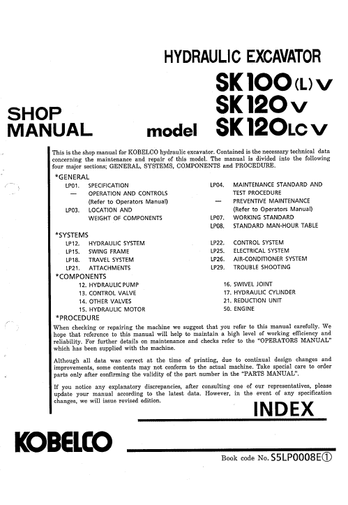 Kobelco Sk100-v, Sk100l-v, Sk120-v, Sk120lc-v Excavator Service Manual