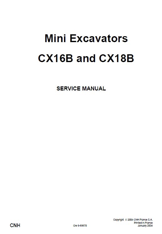 Case Cx16b And Cx18b Mini Excavator Service Manual