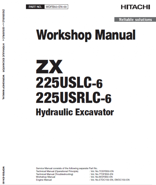 Hitachi ZX225US-6, ZX225USR-6, ZX225USLC-6, ZX225USRLC-6 ZAXIS Excavator Manual