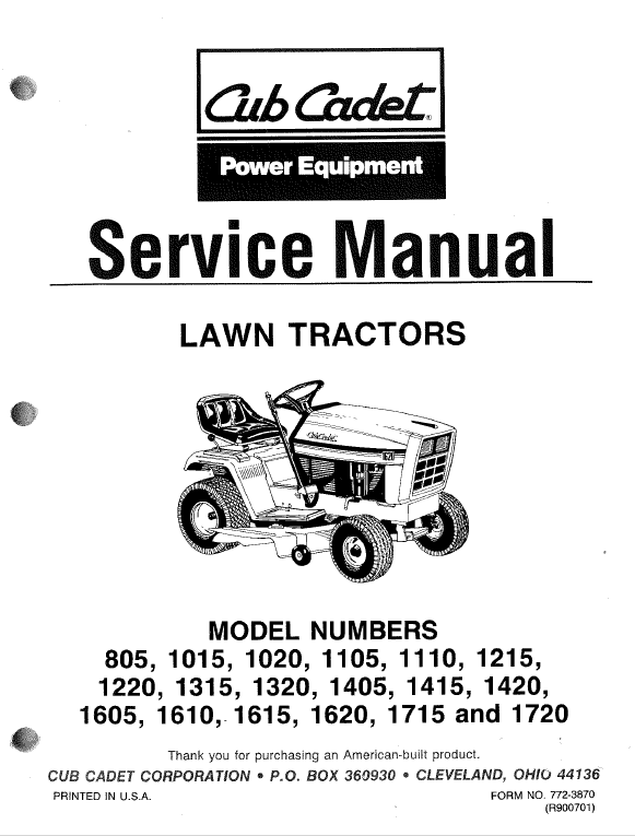 Cub Cadet 1605, 1610, 1615, 1620, 1715, 1720 Tractor Manual