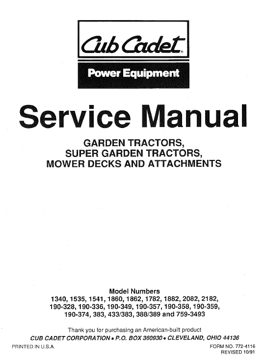 Cub Cadet 1860, 1862 And 1882 Service Manual