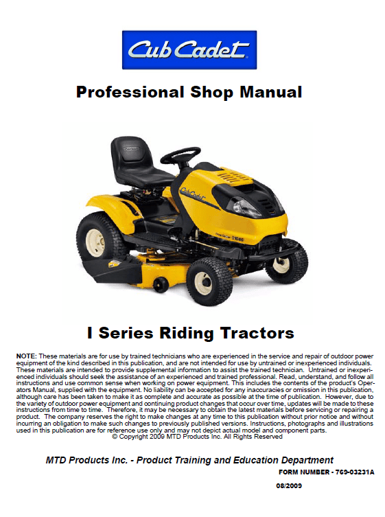 Cub Cadet I Series Riding Tractors Service Manual