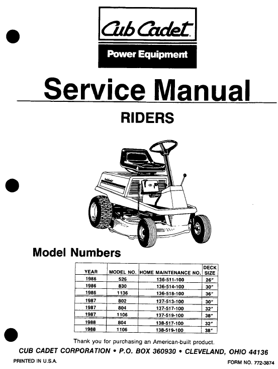 Cub Cadet 526, 802, 804, 830, 1106, 1136 Mower Service Manual