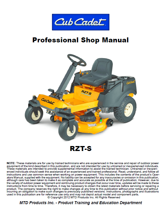 Cub Cadet Rzt S Series (2012 And After) Service Manual