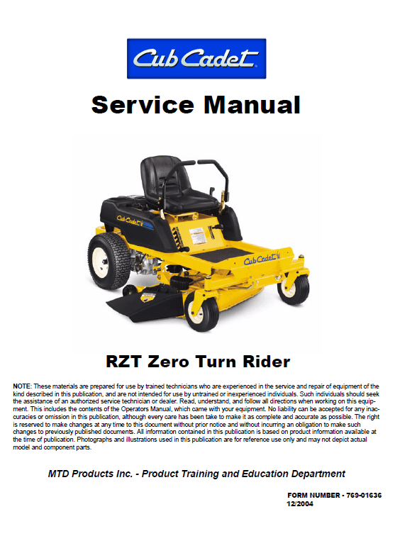 Cub Cadet Rzt Series (2004-2005) Service Manual