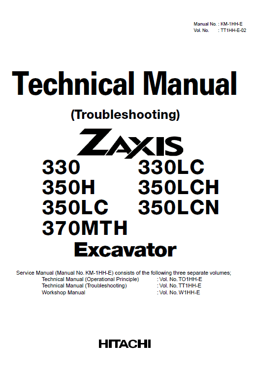 Hitachi Zx330, Zx330lc, Zx350lch, Zx370mth Zaxis Excavator Manual