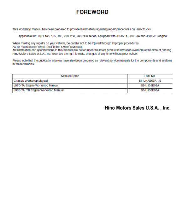 Hino Truck 2007 Service Manual