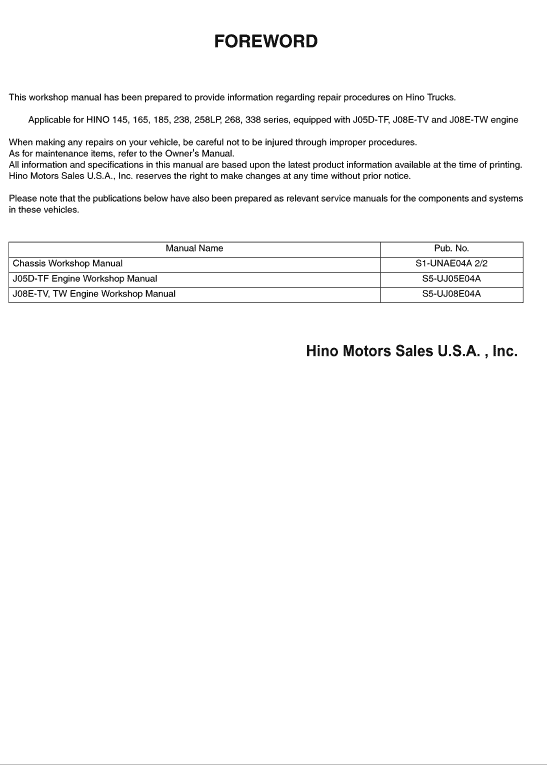 Hino Truck 2008 Service Manual