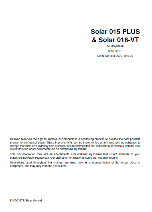 Daewoo Solar S018-vt Excavator Service Manual