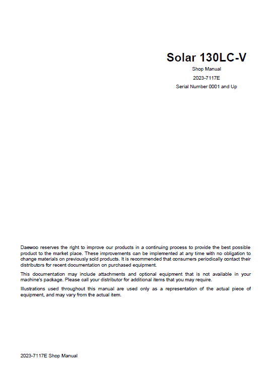 Daewoo Solar S130lc-v Excavator Service Manual