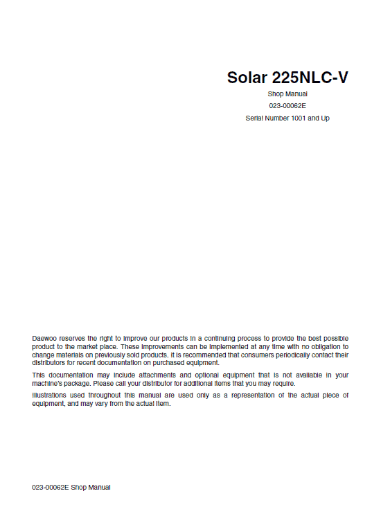 Daewoo Solar S225nlc-v Excavator Service Manual