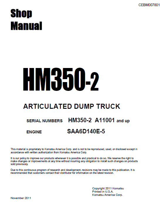 Komatsu Hm350-2 Dump Truck Service Manual