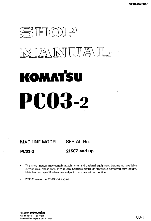 Komatsu Pc03-2 Excavator Service Manual