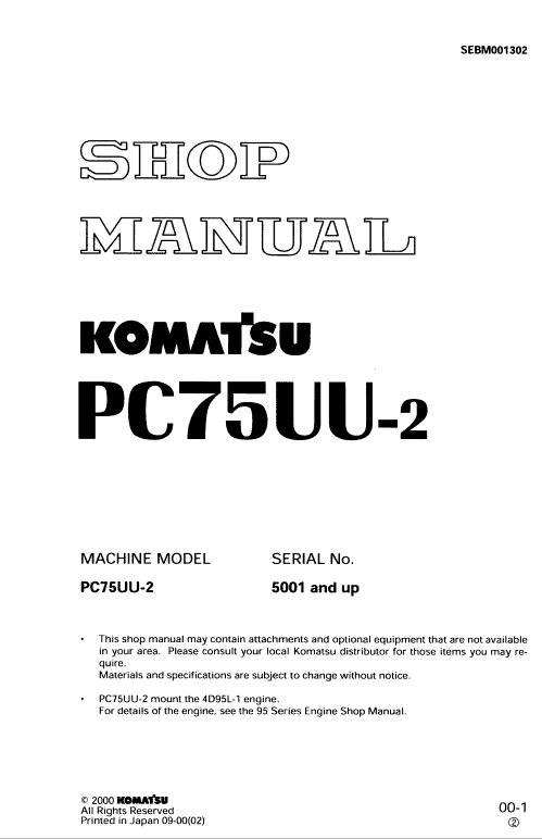 Komatsu Pc75uu-2 Excavator Service Manual