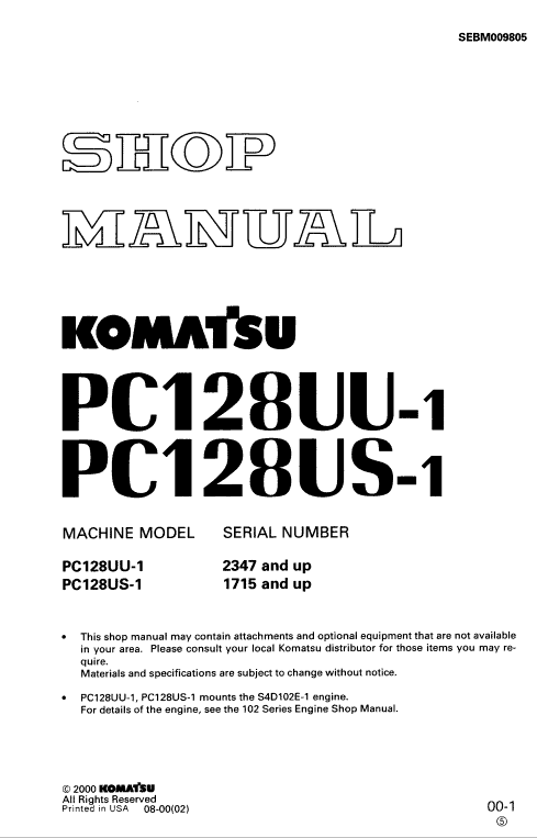 Komatsu Pc128uu-1 And Pc128us-1 Excavator Service Manual