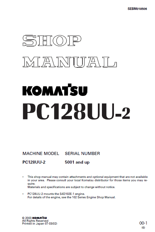 Komatsu Pc128uu-2 Excavator Service Manual