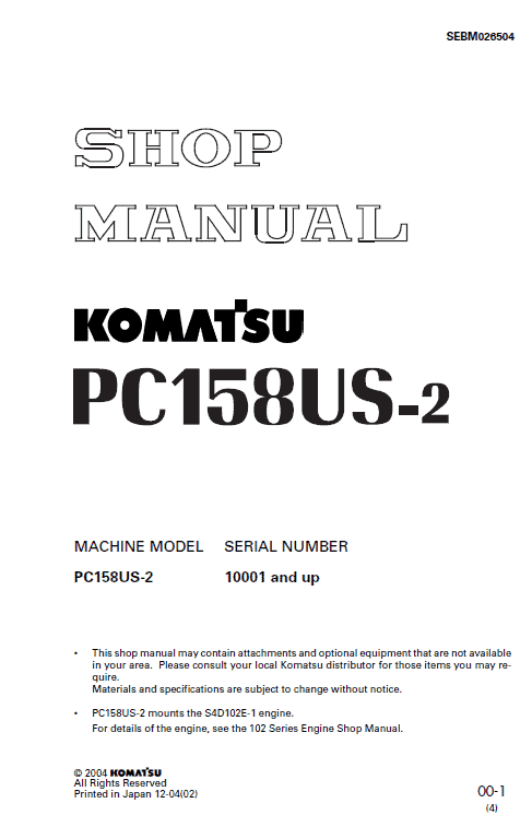 Komatsu Pc158us-2 Excavator Service Manual