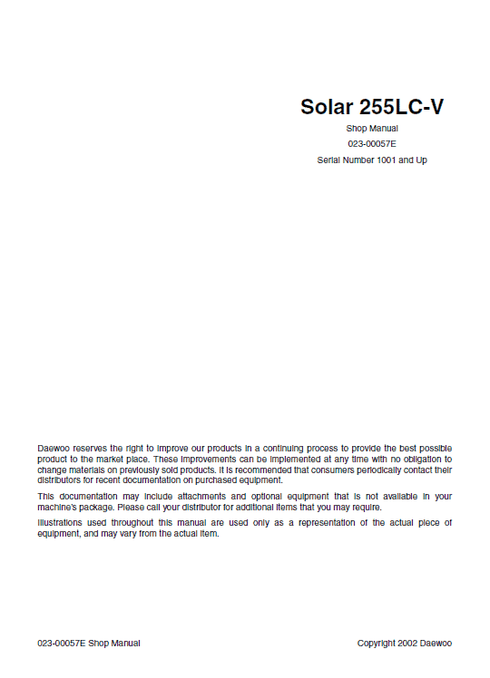 Daewoo Solar S255lc-v Excavator Service Manual