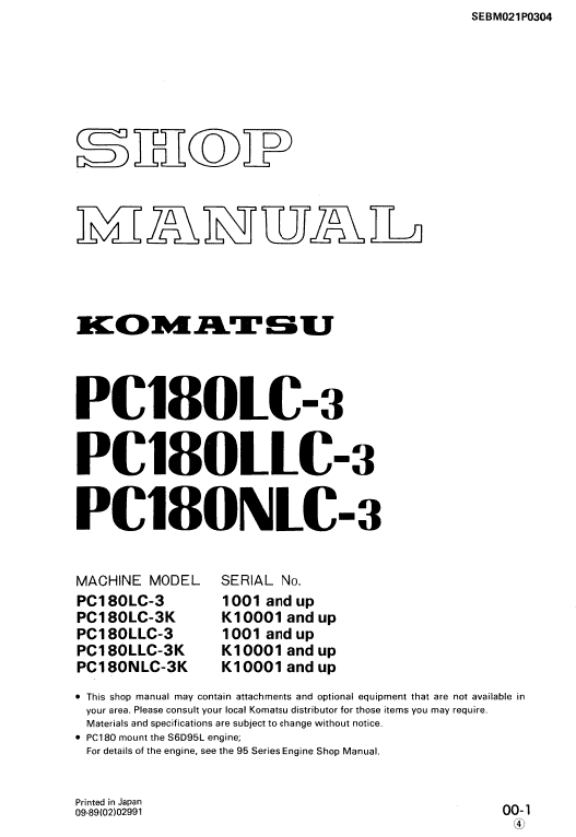 Komatsu Pc180lc-3, Pc180llc-3, Pc180nlc-3 Excavator Manual