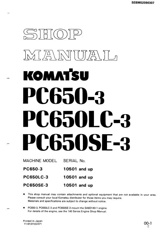 Komatsu Pc650-3, Pc650lc-3, Pc650se-3 Excavator Service Manual