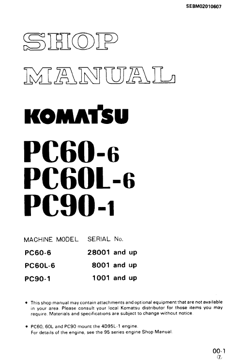 Komatsu Pc60-6, Pc60l-6, Pc90-1 Excavator Service Manual