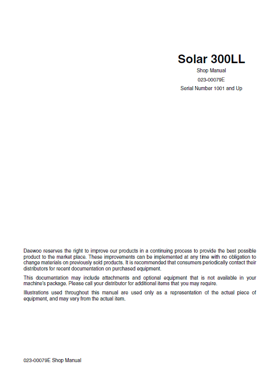 Daewoo Solar S300ll Excavator Service Manual