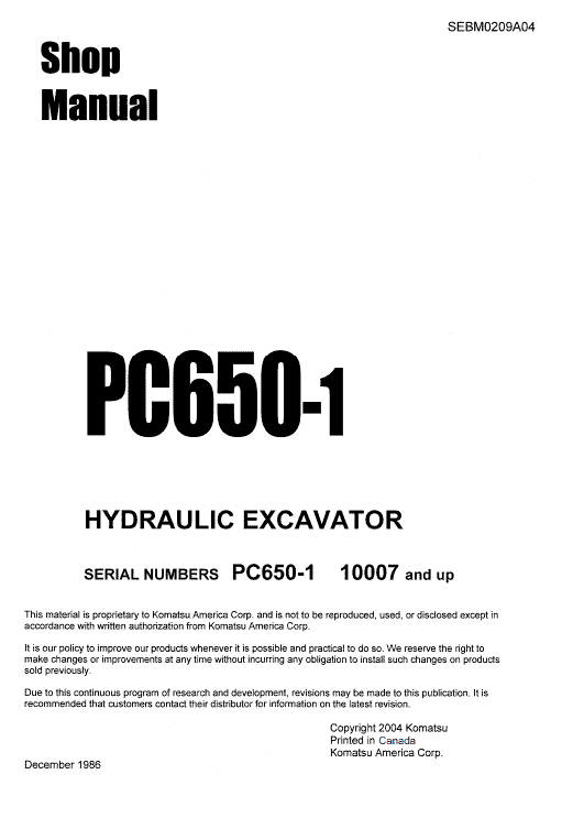 Komatsu Pc650-1 Excavator Service Manual