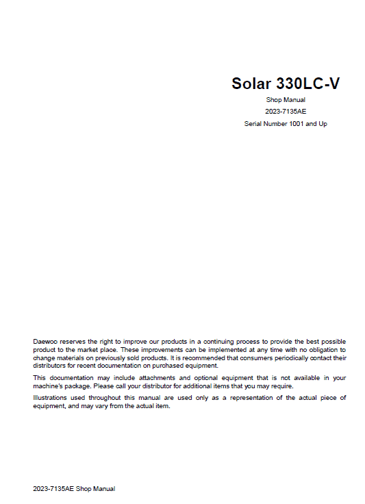 Daewoo Solar S330lc-v Excavator Service Manual