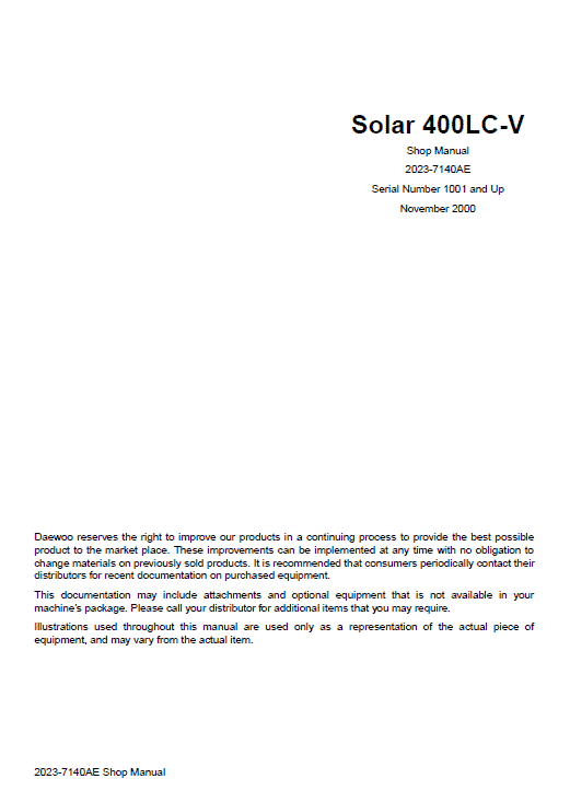 Daewoo Solar S400lc-v Excavator Service Manual