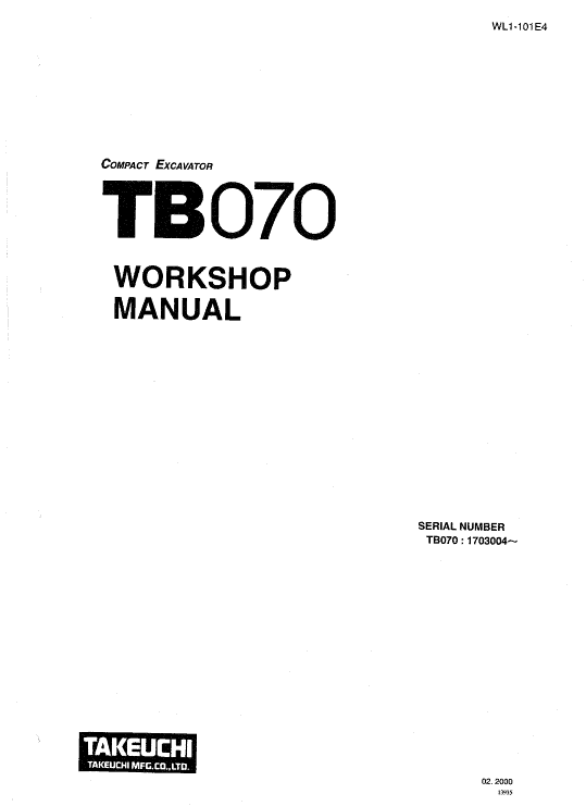 Takeuchi Tb070 And Tb070w Excavator Service Manual