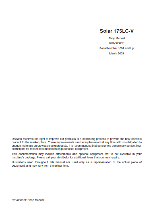 Daewoo Solar S175lc-v Excavator Service Manual