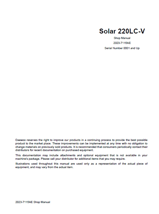 Daewoo Solar S220lc-v Excavator Service Manual