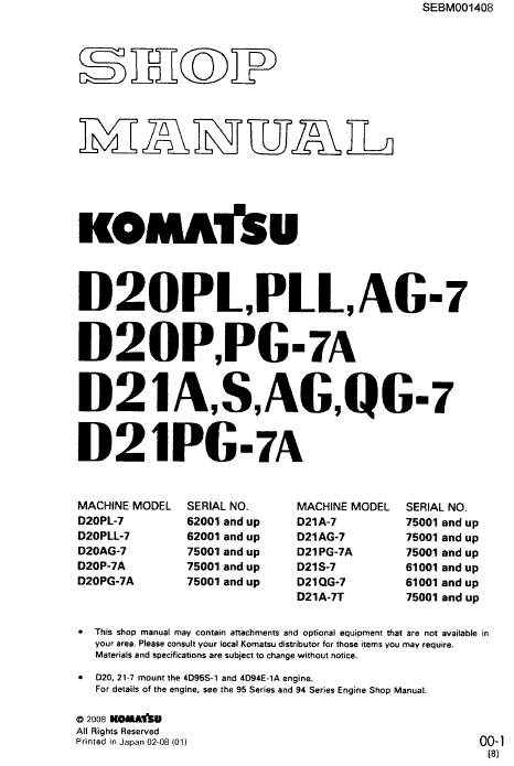 Komatsu D21a-7, D21s-7, D21ag-7, D21qg-7, D21pg-7a Dozer Manual