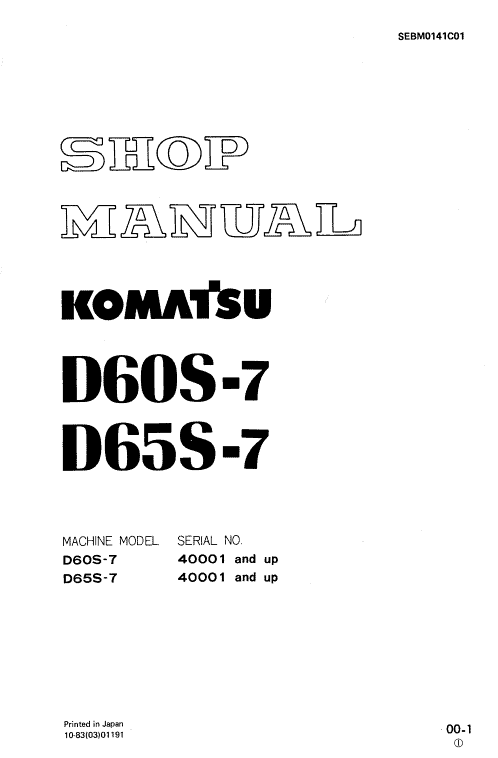 Komatsu D60s-7 And S65s-7 Dozer Service Manual